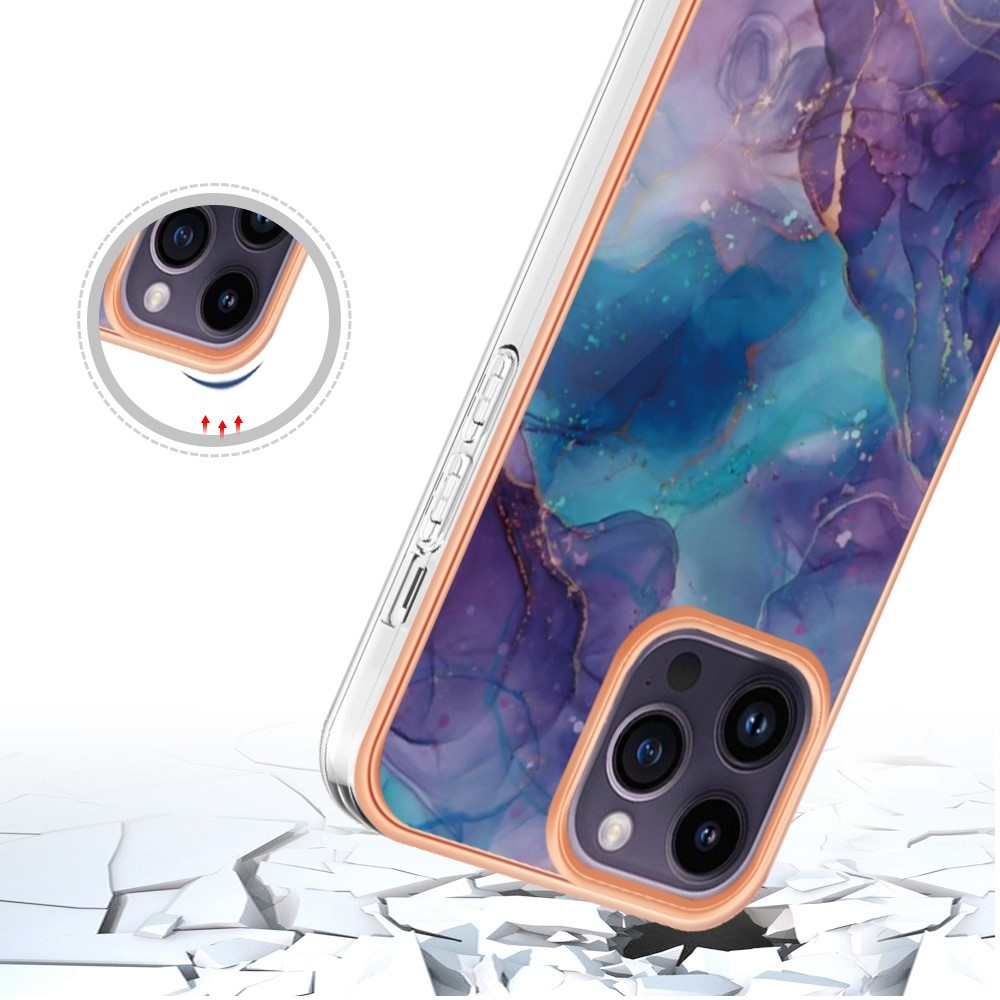 iPhone 14 Pro Gummi Case Hülle Galvanisierter Rahmen Marble Marmor Design - Lila / Blau / Roségold