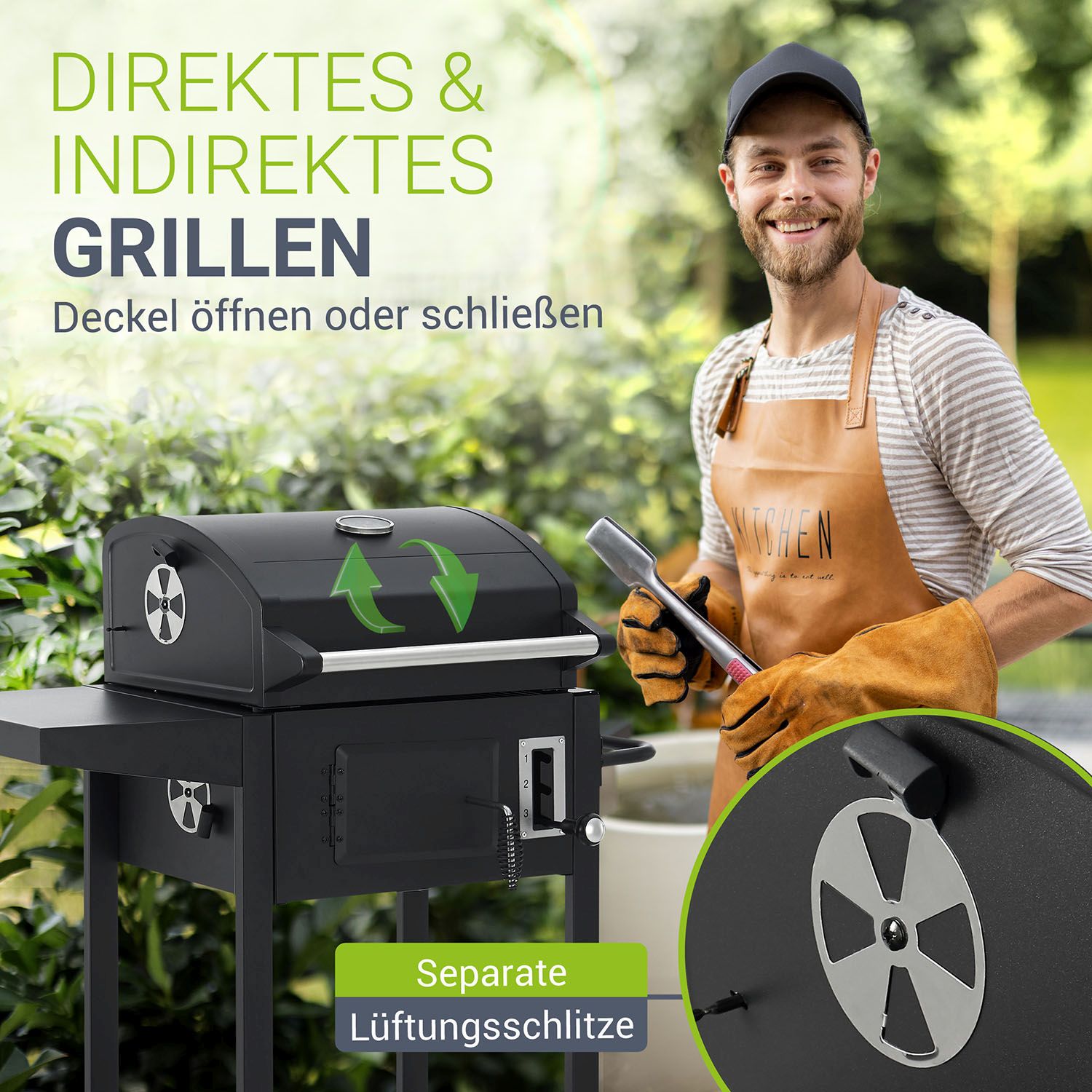 Juskys Holzkohlegrill Missouri - Deckel, Räder, verstellbare Kohlewanne & Abdeckhaube