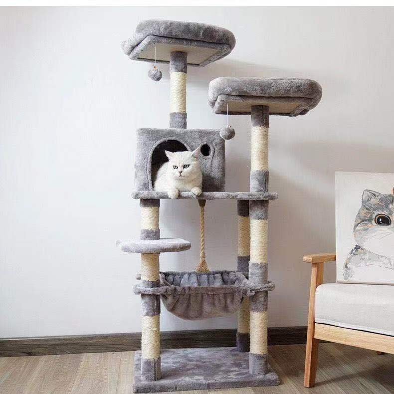 (145cm) Katzen Baum Sisal Kratzsäulen mit Häuschen / Hängematte / Aussichts Plattform - Grau