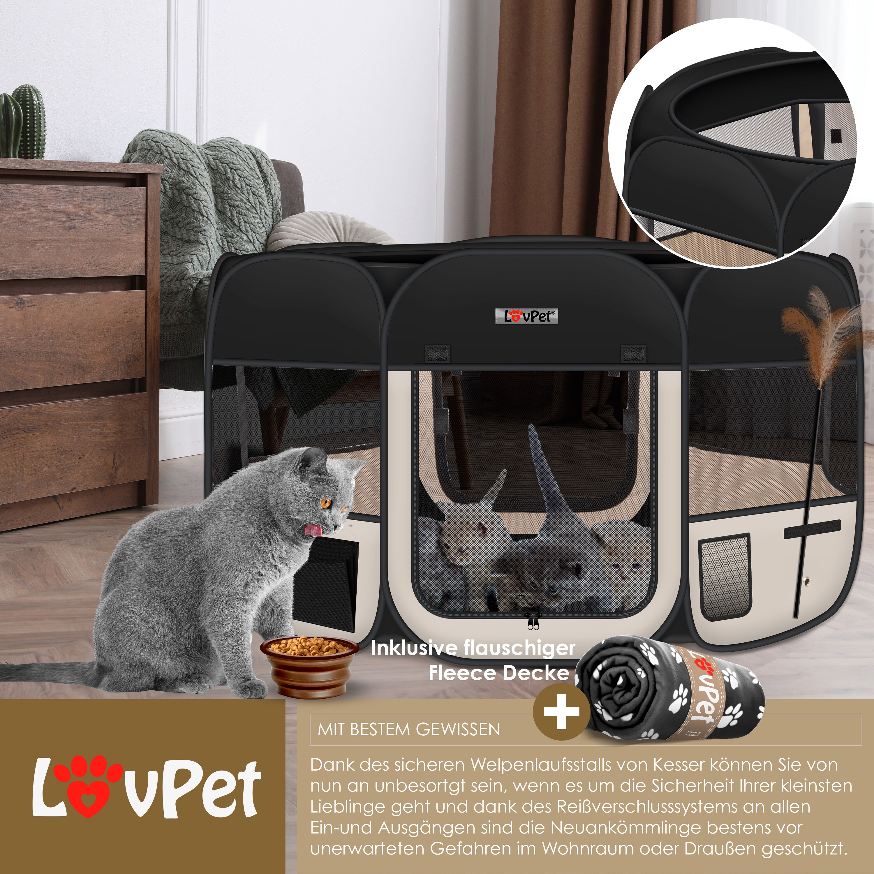 LOVPET® Welpenlaufstall Tierlaufstall Faltbar für Kleintiere Hunde, Katzen Inkl. Hundenapf Hundelaufstall Freigehege Oxfordgewebe Pop-up System Indoor & Outdoor