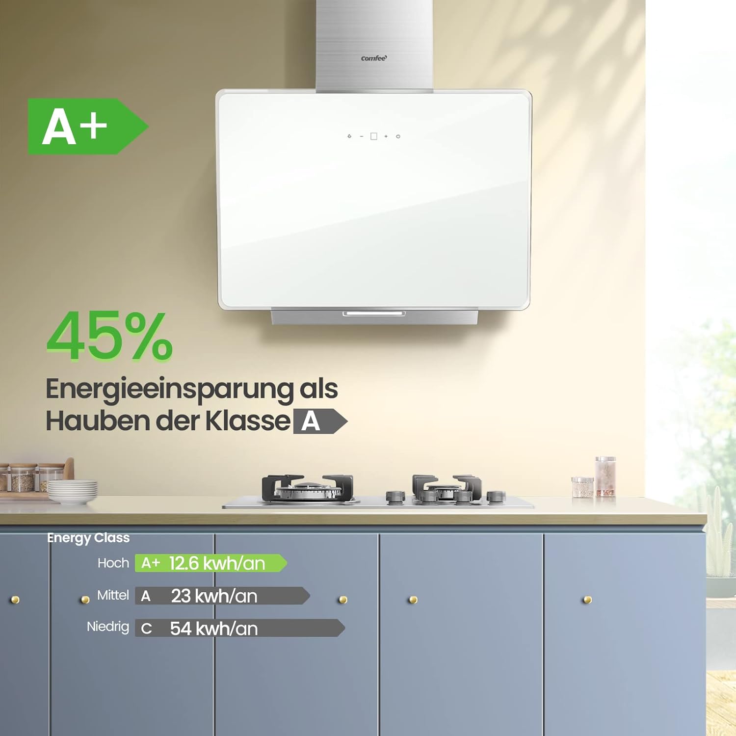 A+ Dunstabzugshaube 60cm CHK 3.6J64A1W Wandhaube aus gehärtetem Glas und Edelstahl mit Touchscreen, LED und Umluft- und Kanalsystem Wandmontierte Dunstabzugshaube, Weiß
