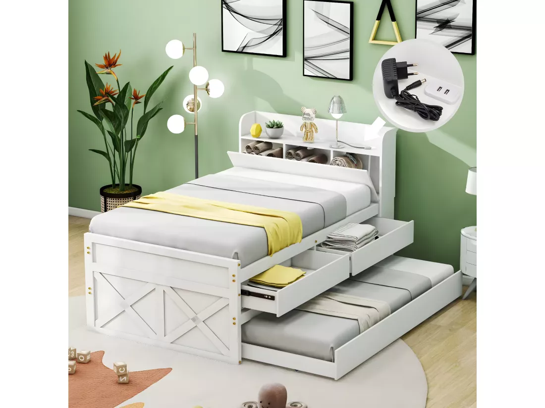 Lit gigogne 90x190cm, lit d'enfant avec tiroir extensible, sommier à lattes, tête de lit avec étagères de rangement et prise USB, blanc