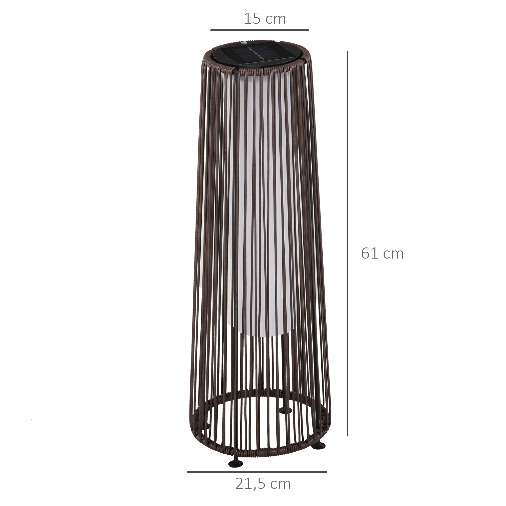 Luminária de chão Outsunny em vime de rattan com energia solar, LED de 0,8 W, interruptor de controle automático de luz, decoração para exteriores, Ø21,5 x 61 cm, marrom