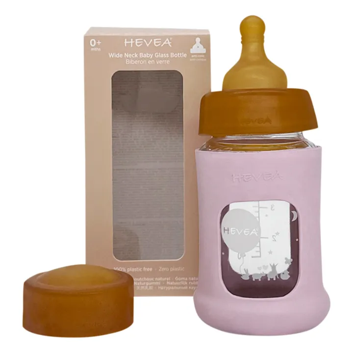 Hevea Biberon en verre à col large avec housse de protection Débit lent | Rose poudré