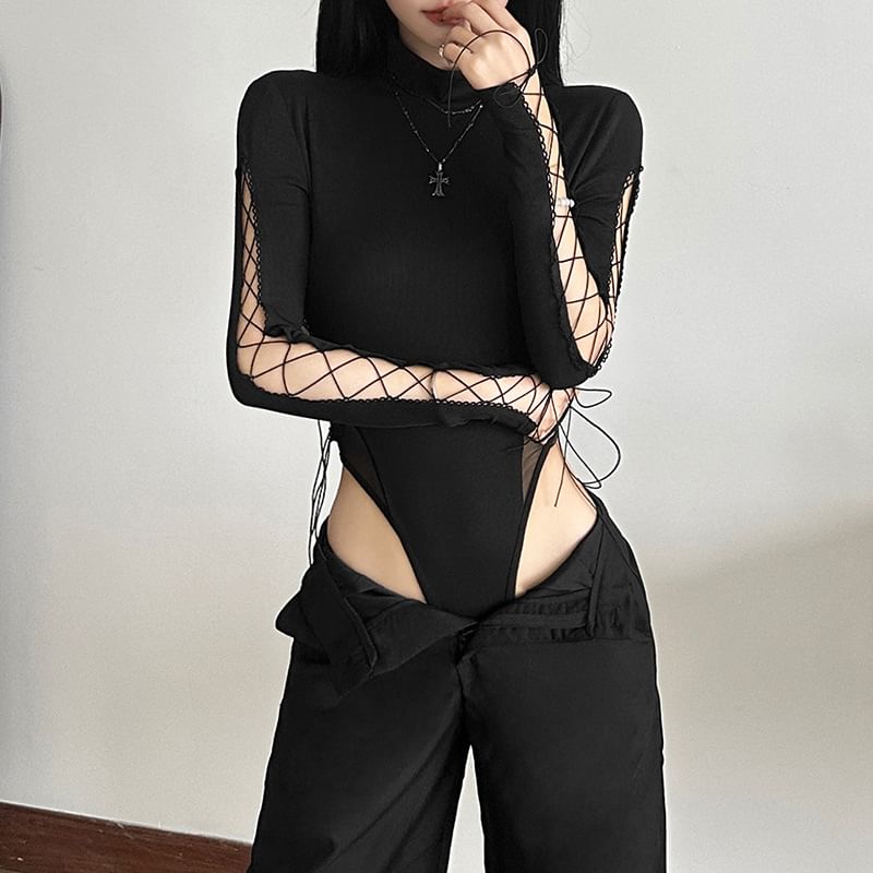 Sugarcoat - Mini-jurk met lange mouwen en geplooide hals en effen kleur