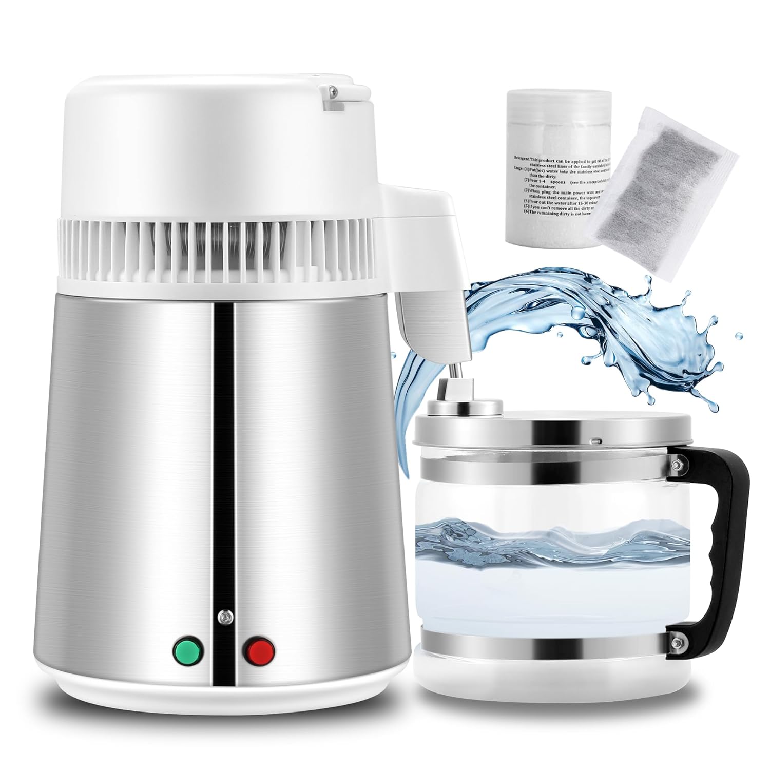 Destilliergerät Wasser Destilliergerät 4L Edelstahl Wasserdestillierer Wasser-destilliergerät Wasserdestilliergeräte Water Distiller für Reinwasser Destillieren zu Hause mit Glaskanne 220V