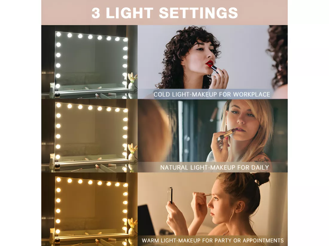Miroir de maquillage hollywood coiffeuse mural avec lumière 80x58cm - Bluetooth
