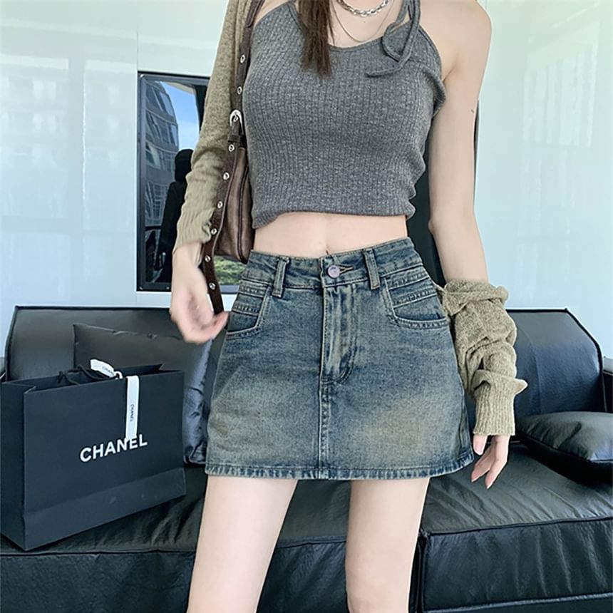 Notica - High Rise Washed Denim Mini Pencil Skirt