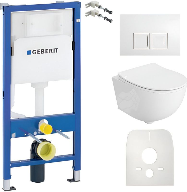 Geberit Duofix Basic - Inbouwreservoir Complete Toiletset - Wandcloset DALIA Wit Hoogglans Randloos - Bedieningsplaat DELTA 25 Chroom Vierkant - Voorwandelement