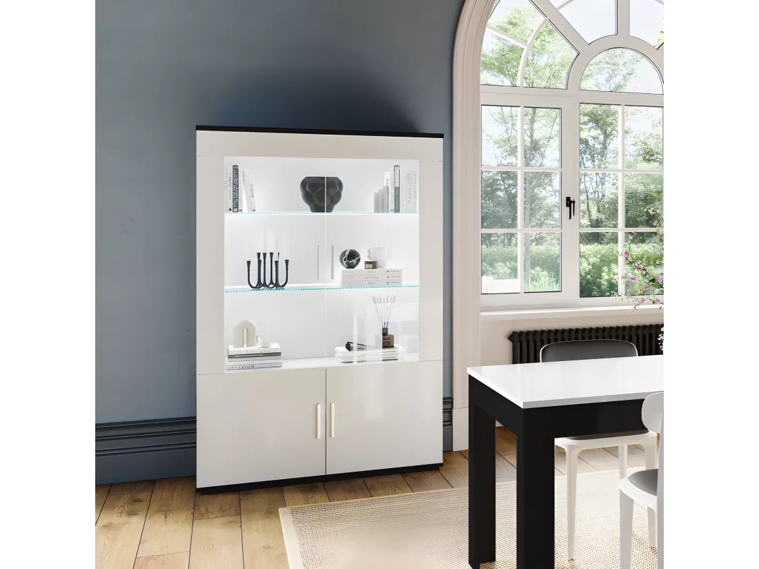 Vaisselier 4 portes Noir/Blanc laqué à LEDS - REVE - L 117 x l 47 x H 182 cm