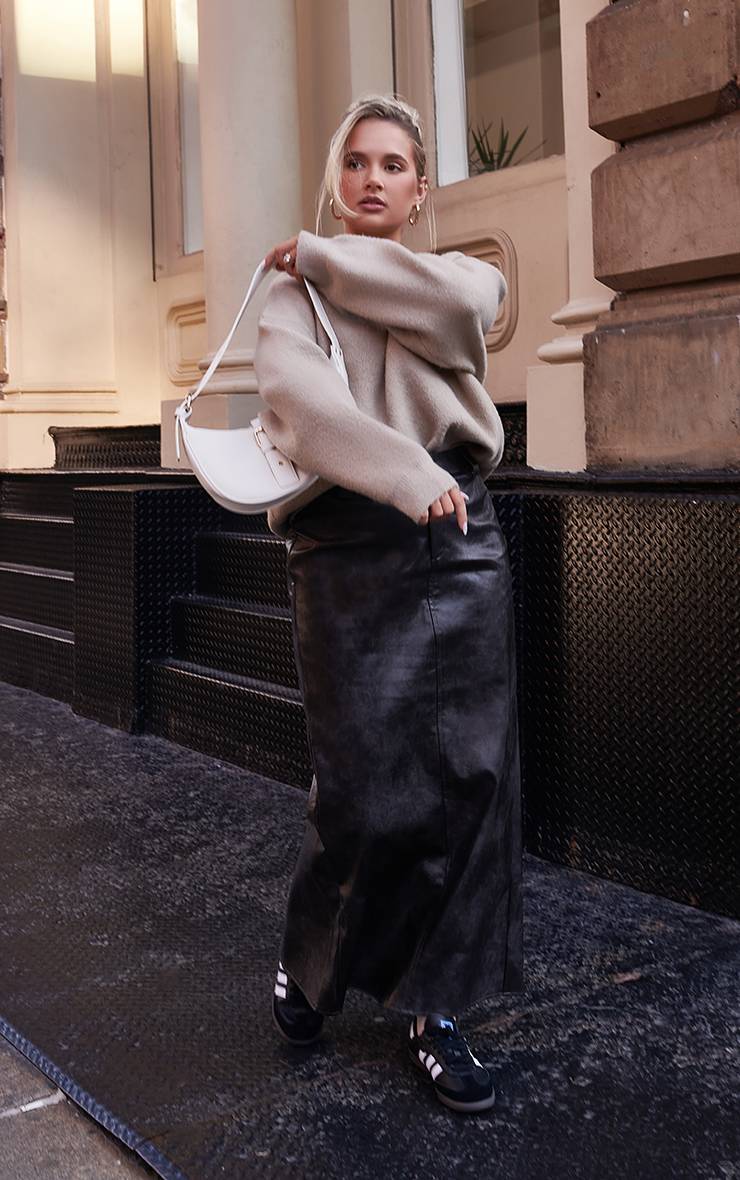 Noir Jupe Longue En Synthétiquecuir Effet Délavé