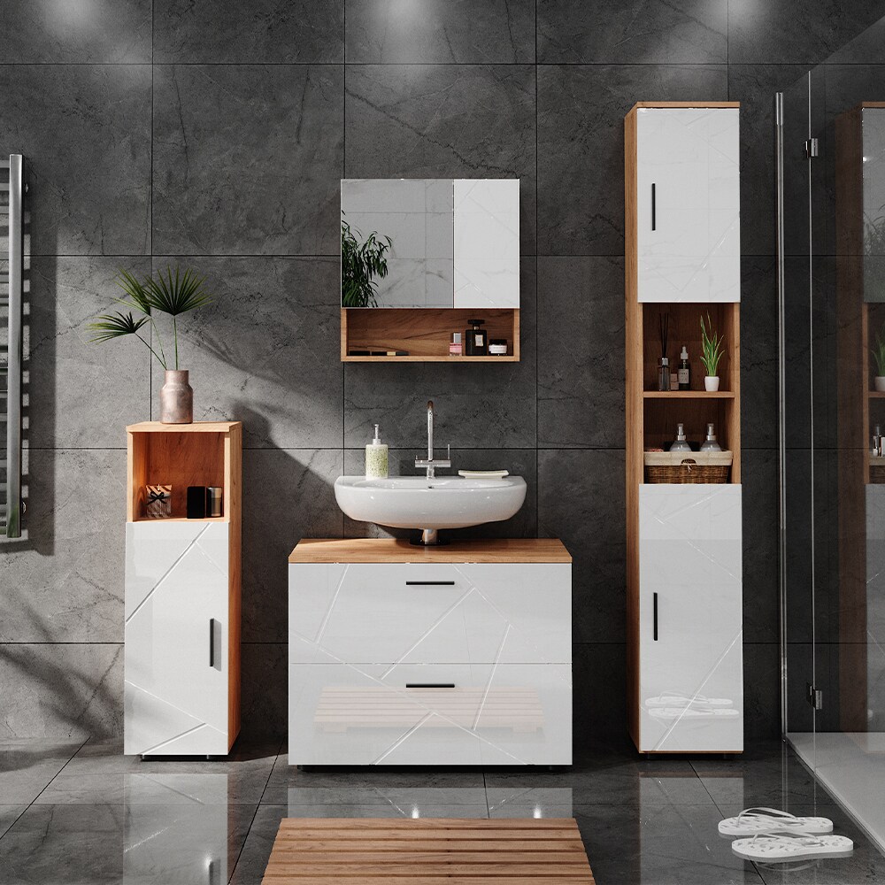 Vicco Badmöbelset Irma Eiche Weiß Hochglanz modern Badezimmerschrank Badschrank Badezimmermöbel Waschtischunterschrank Spiegelschrank Midischrank Hochschrank Schrankschublade Schranktür Schrankfach