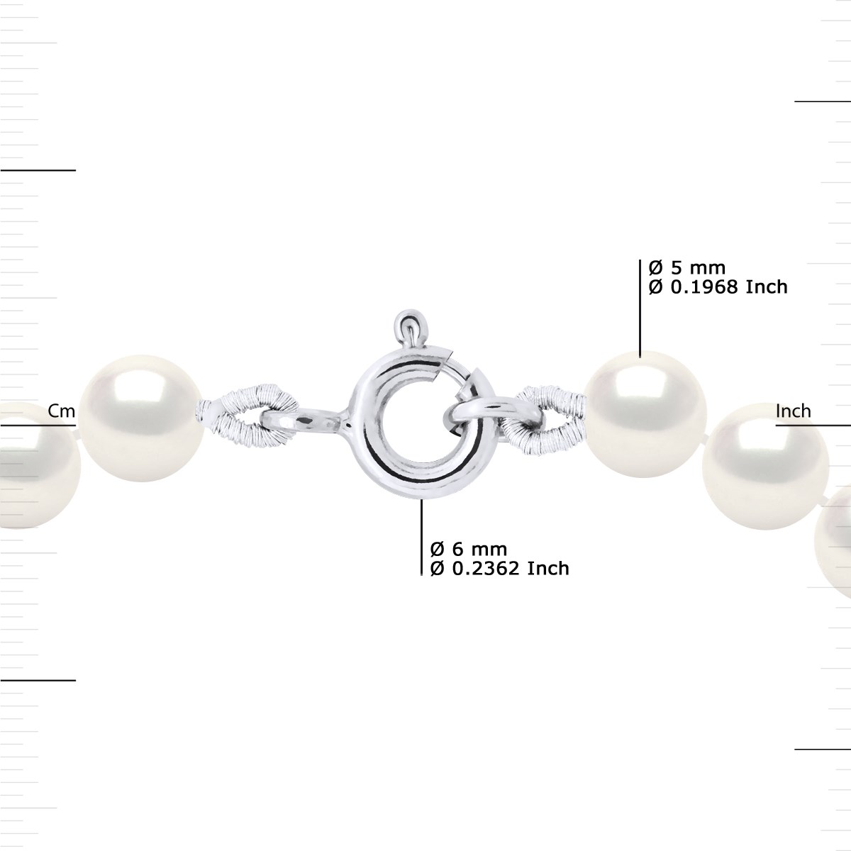 Collier Rang de Perles d'Eau Douce Rondes 5-6 mm Blanches Or Blanc 18 Carats