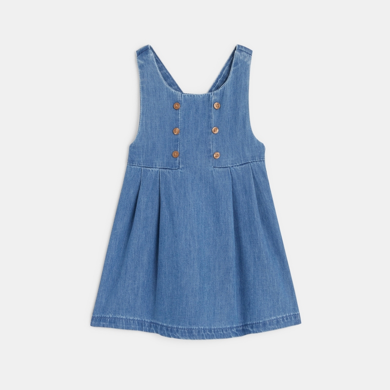 Robe salopette denim léger et t-shirt fleuri bleue bébé fille