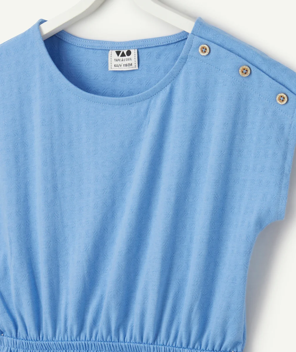 robe manches courtes fille en coton bio bleu et boutons pailletés