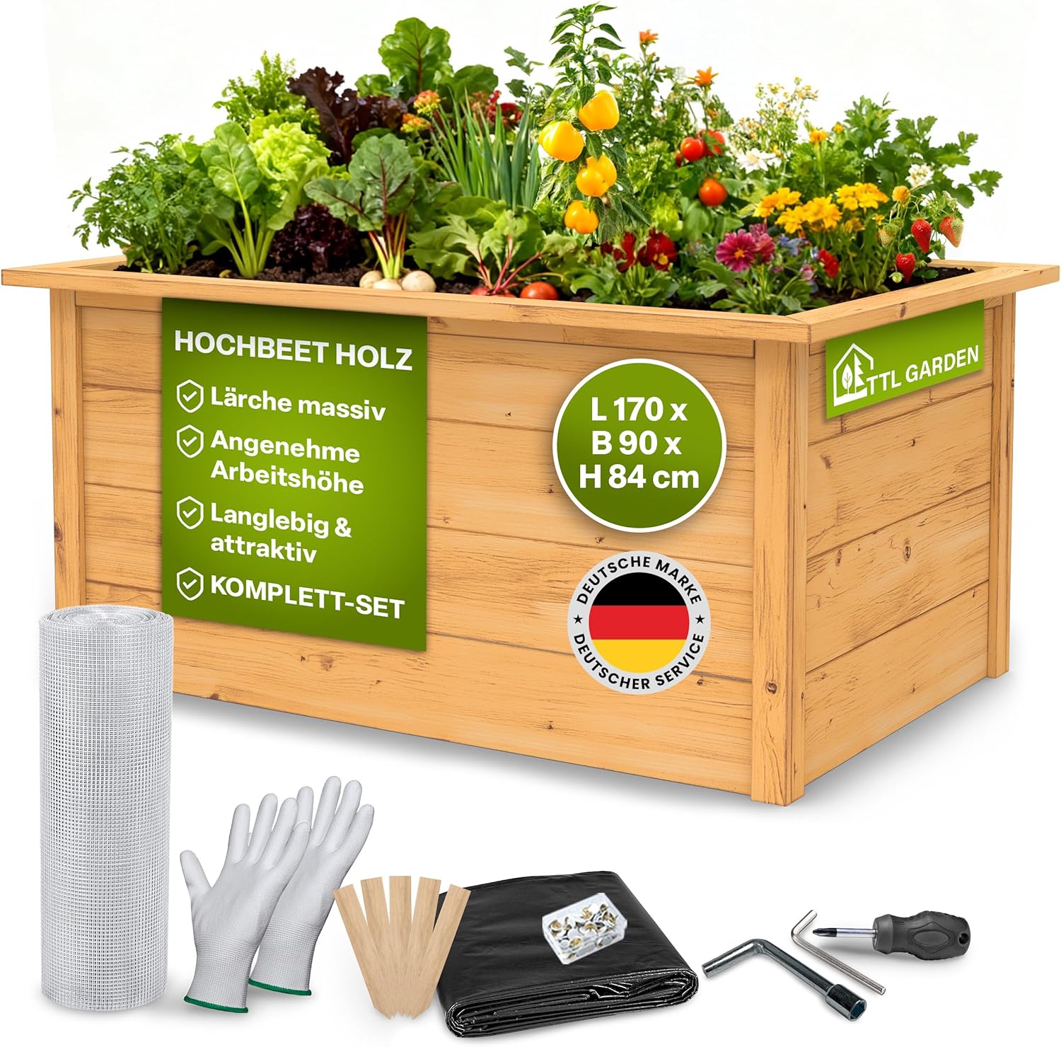 TTL GARDEN Lärchen-Hochbeet LARENA L 170x90x84cm - Garten Hochbeet aus Lärchen Holz - Hochbeet Kit & Kräuterbeet Set Bausatz mit Wühlmausgitter Lärchenholz wetterfest - für Gemüse Kräuter & Blumen