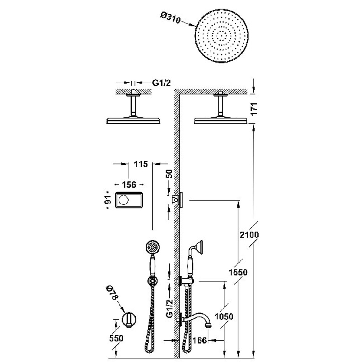 Tres Shower Technology Clasic elektronische inbouwthermostaat met regendouche en baduitloop plafondmontage goud