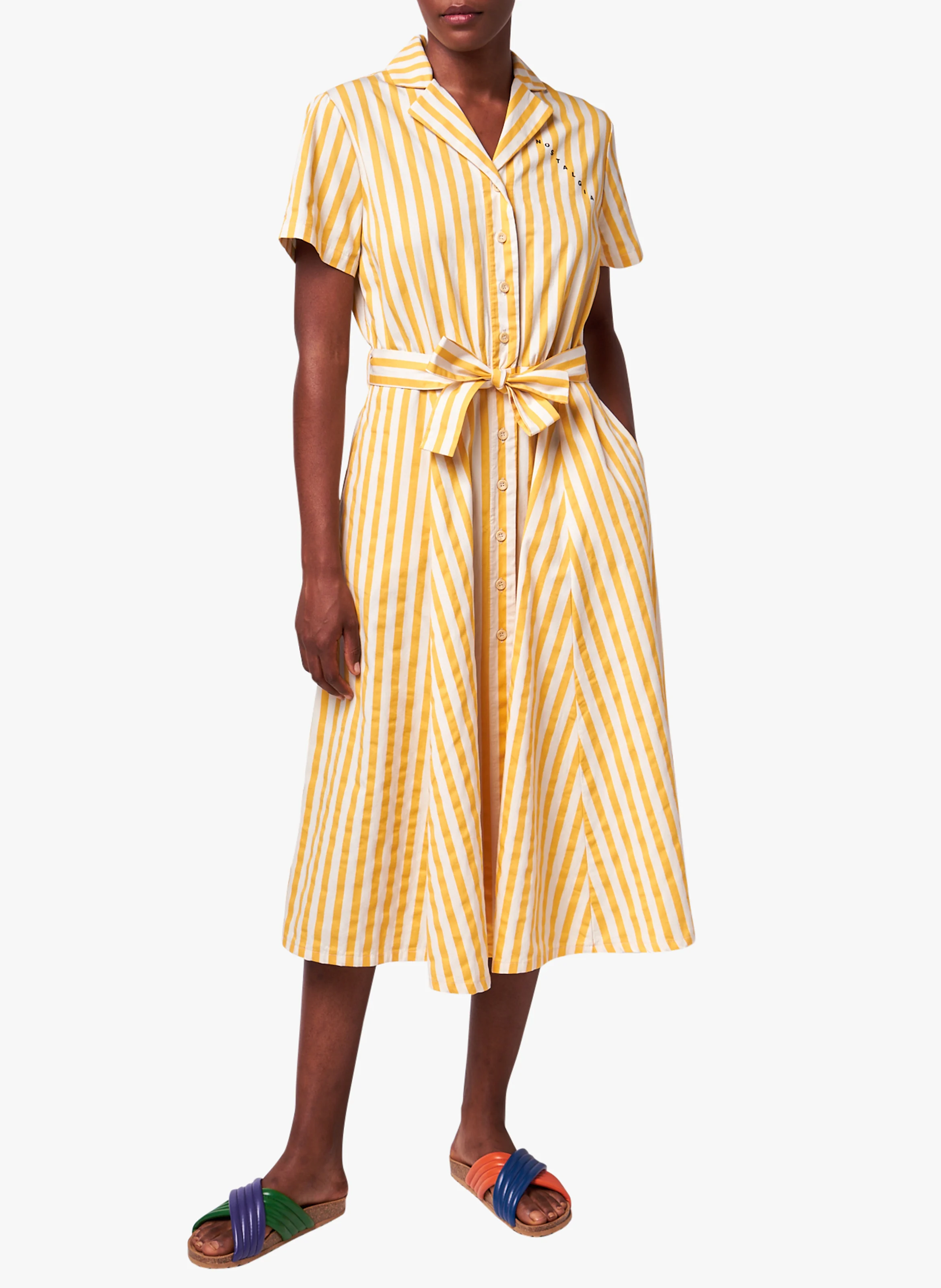 Robe midi col tailleur rayée en coton biologique | Blanc