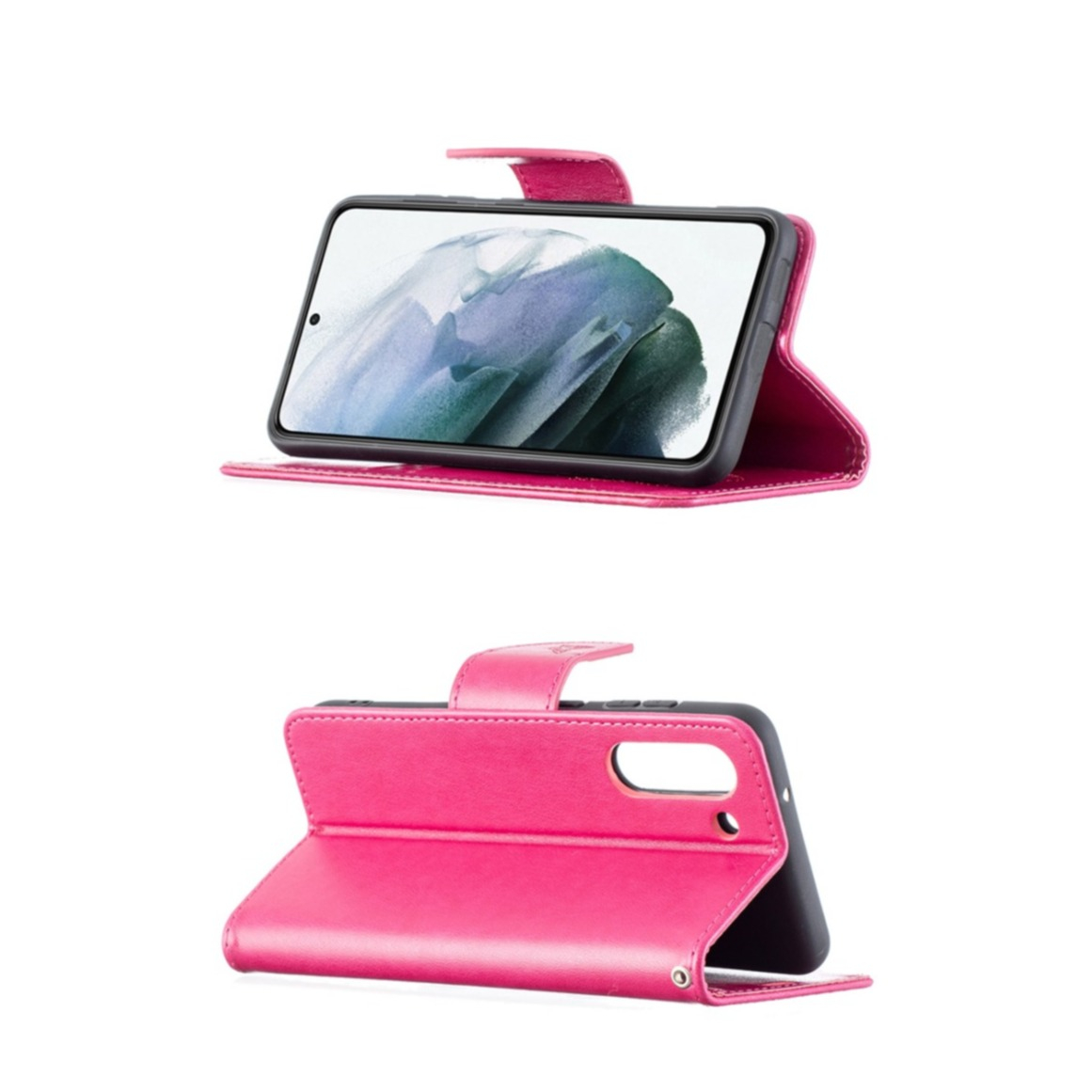 Samsung Galaxy S21 FE 5G Leder Tasche mit Kartenfach   Handschlaufe Schmetterling - Pink