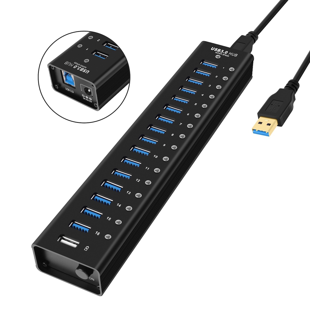 NÖRDIC drevet 17-ports USB 3.0 HUB med individuell bryter 5 Gbps 1,2 mm kabel aluminium svart med strømforsyning