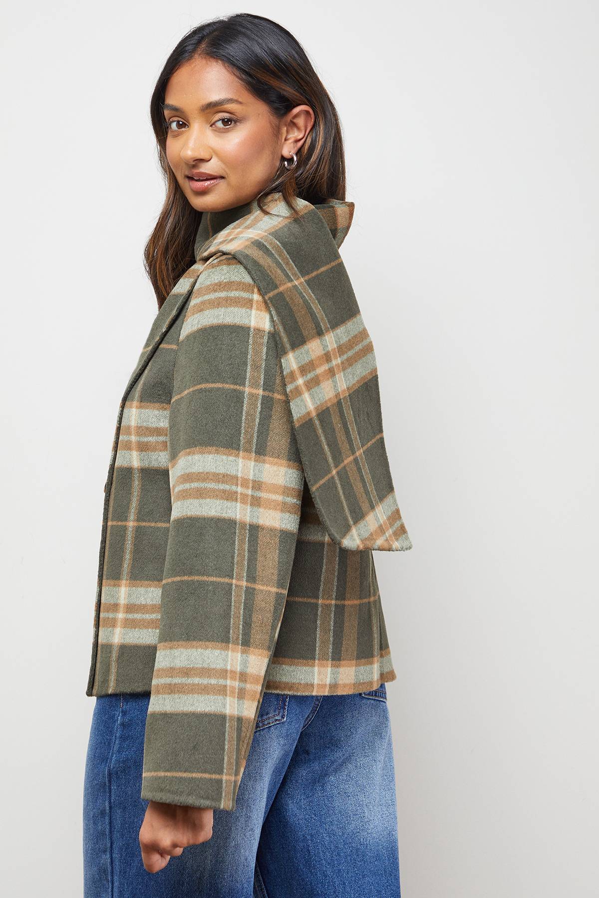 Oasis Manteau Veste Longue à Carreaux avec Détail Foulard