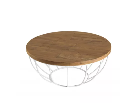 ALIDA - Table basse coque ronde 80x80cm plateau teck recyclé piétement métal blanc
