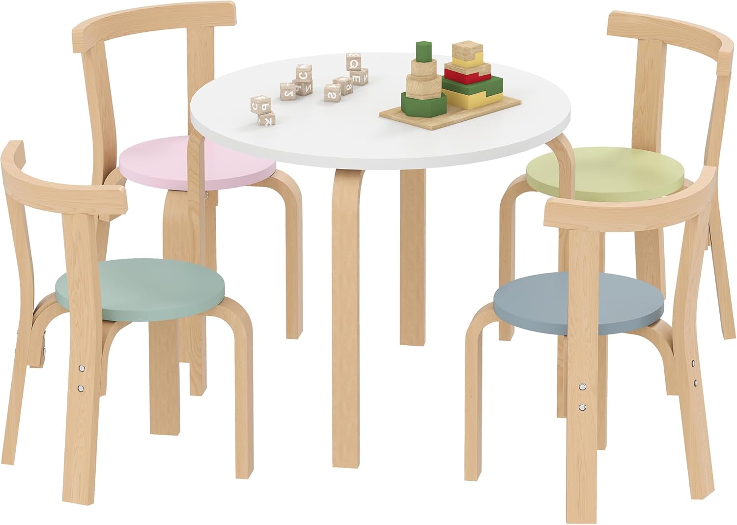 AIYAPLAY Kindertisch Holz mit 4 Stühlen 5-teilig Kinder Tisch Stuhl Set Kindersitzgruppe Sitzgruppe für Kinderzimmer, für 3-8 Jahre Kinder, Bunt