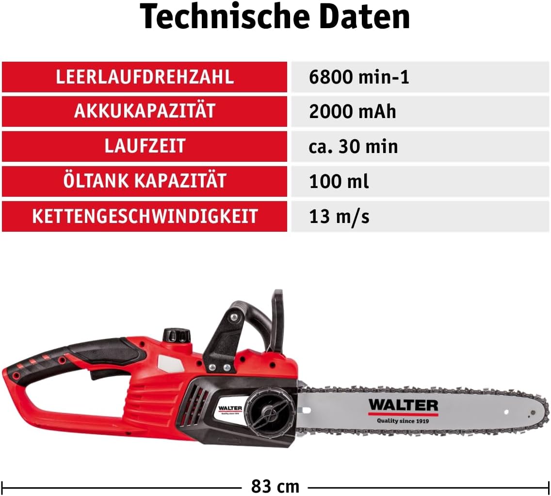 WALTER Li-Ion Akku-Kettensäge 40 V brushless, Kettengeschwindigkeit 13 m/s, Schnittlänge 350 mm, kraftvolle Leistung, leichte Handhabung, ca. 30 min Laufzeit, inkl. Schwert, Sägekette und 2 Akkus