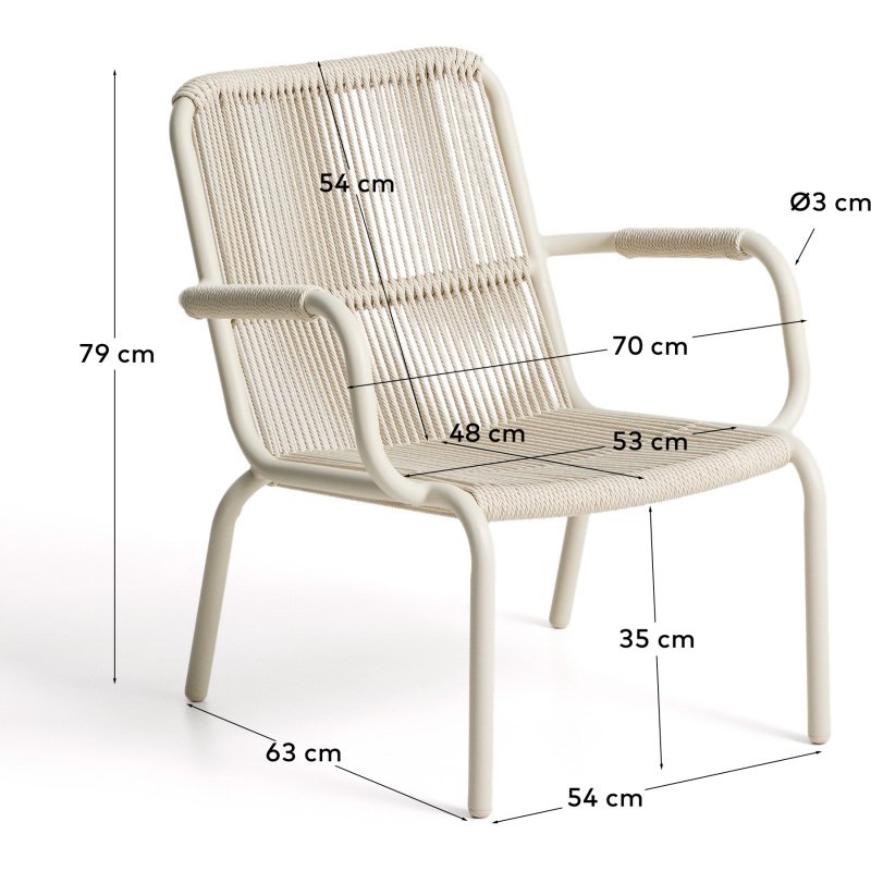 Fauteuil empilable Salis en aluminium écru et corde synthétique écrue