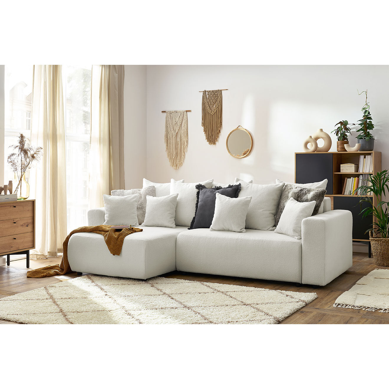 Bobochic Canapé d'angle convertible reversible bouclette Envy blanc - 282x153x95 cm
