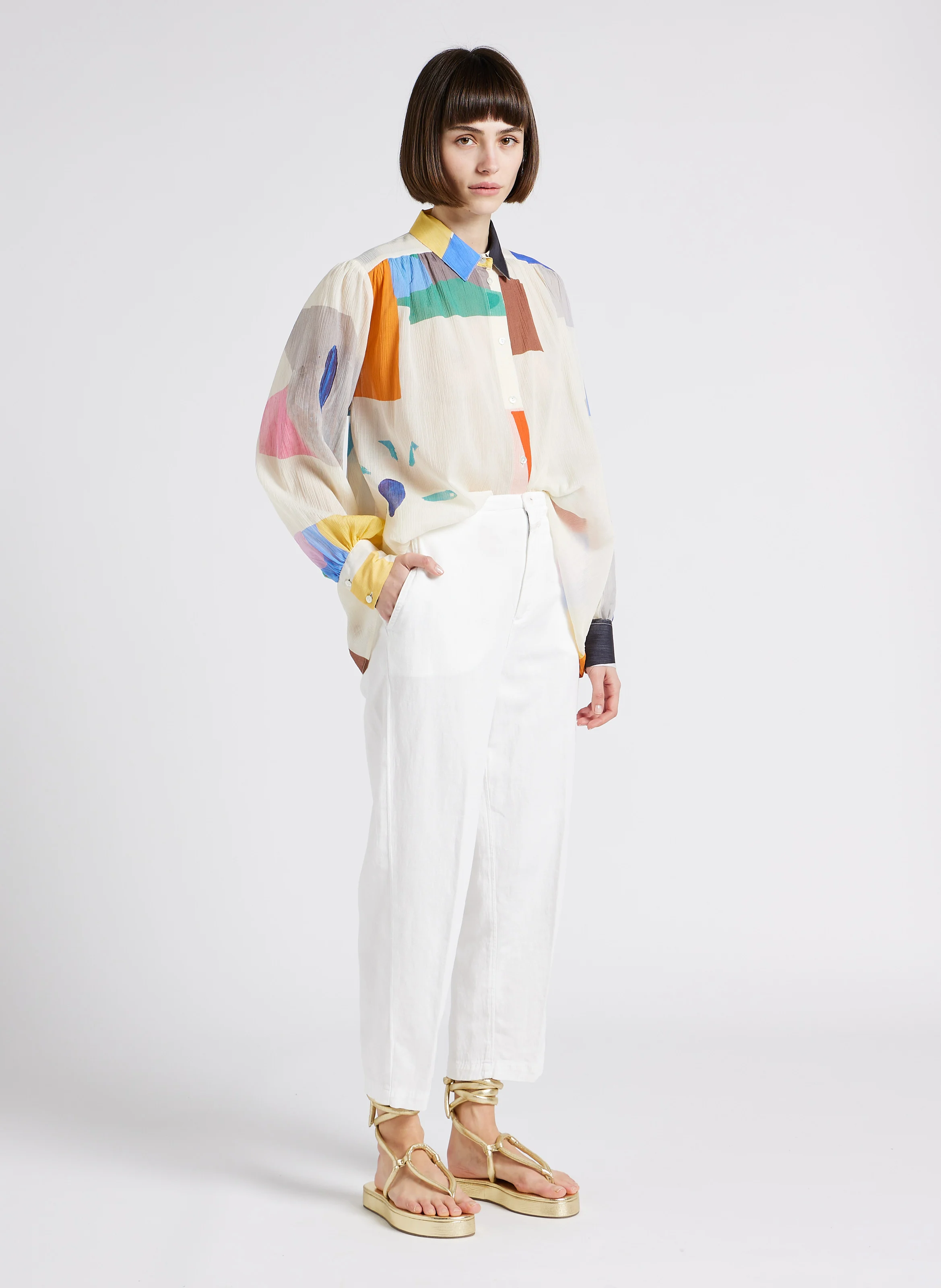 BIG COLORS - Chemise col classique imprimée en soie | Blanc