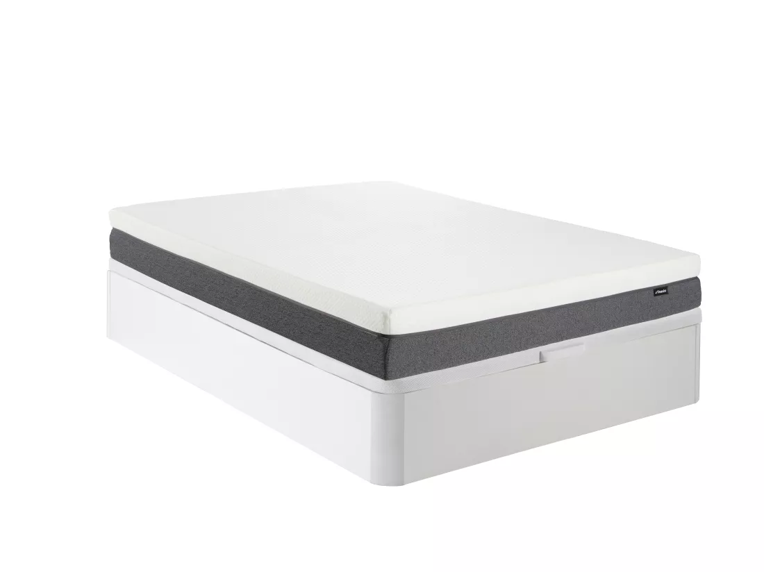 Ensemble 140 x 190 cm sommier coffre blanc + matelas hybride ressorts ensachés accueil mémoire de forme et mousse 7 zones déhoussable ép.25cm - KEPUR de YSMÉE