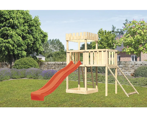 Speeltoren/speelhuis Karibu Löwenherz, 107 x 107 cm, van hout, bestaande uit glijbaan, aanbouw en nethelling (rood).