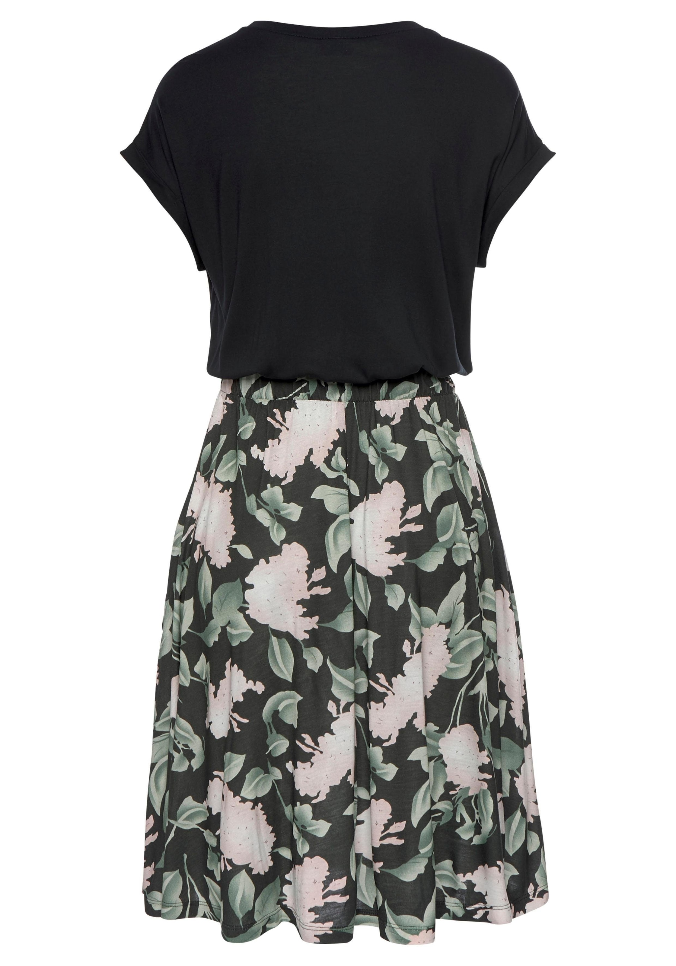 Buffalo Jerseykleid mit Paperbag-Bund und bedrucktem Rock, kurzes Sommerkleid, Strandkleid