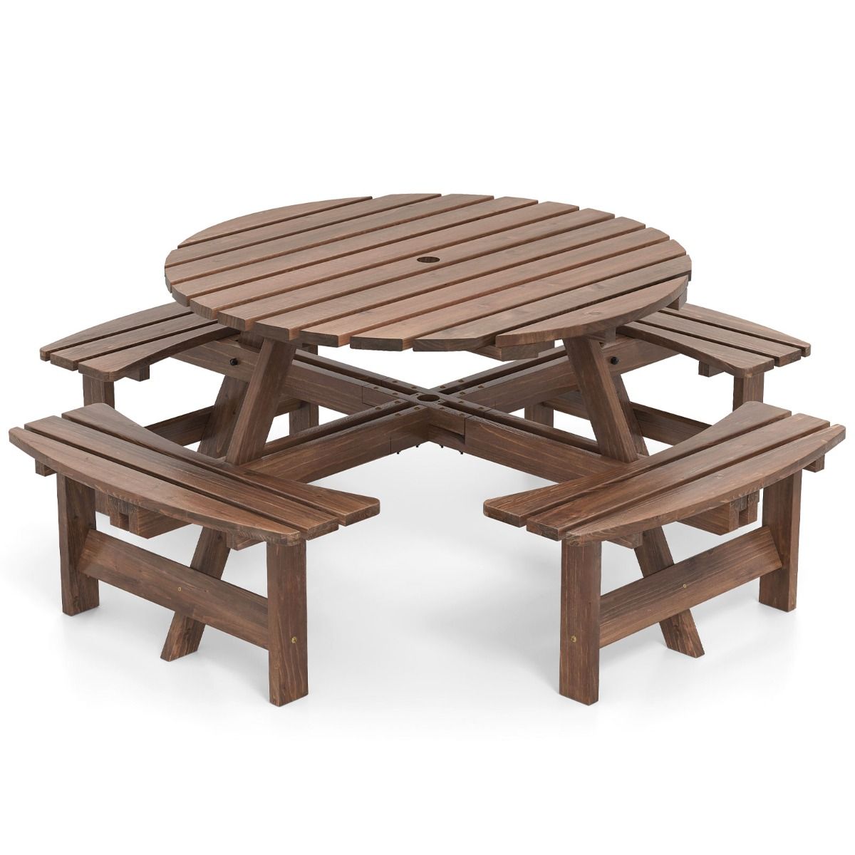 Ensemble Table de Pique-Nique en Bois pour 2 à 8 Personnes Set Table et Banc Circulaire avec 4 Bancs Intégrés Trou de Parasol de 5cm Marron/Jaune - Lidl-Manfred