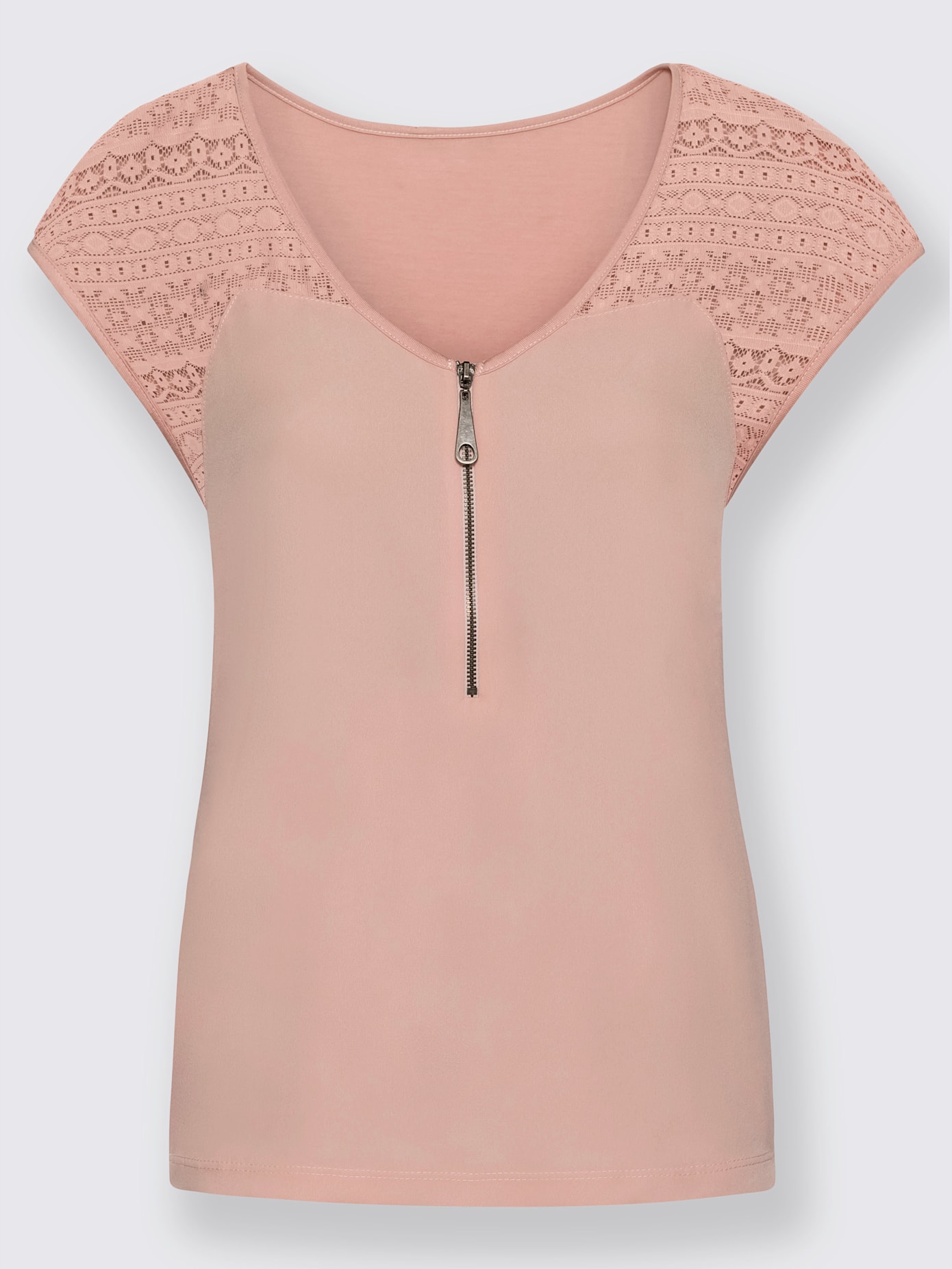 T-shirt col v à glissière épaules en dentelle