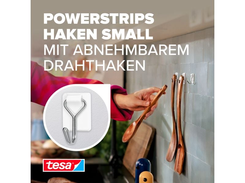 tesa Klebehaken Powerstrips Haken Small Weiss, 1 kg Haltekr Selbstklebende Haken mit abnehmbarem Drahthaken – wiederverwendbar – Montage ohne Bohren