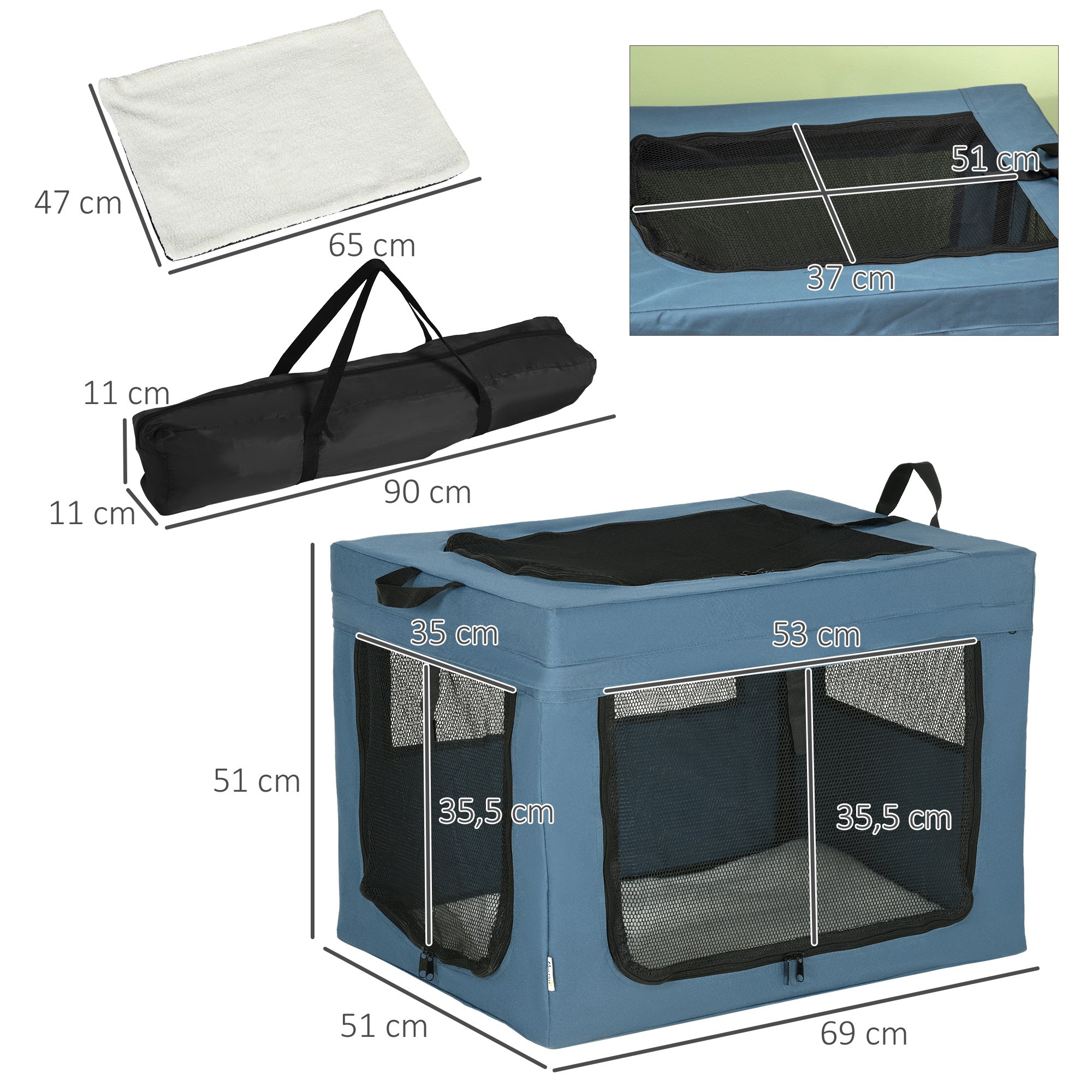 Mochila transportadora PawHut para cães e gatos, com 3 compartimentos e almofada macia, 48,5 x 34 x 34 cm, azul.