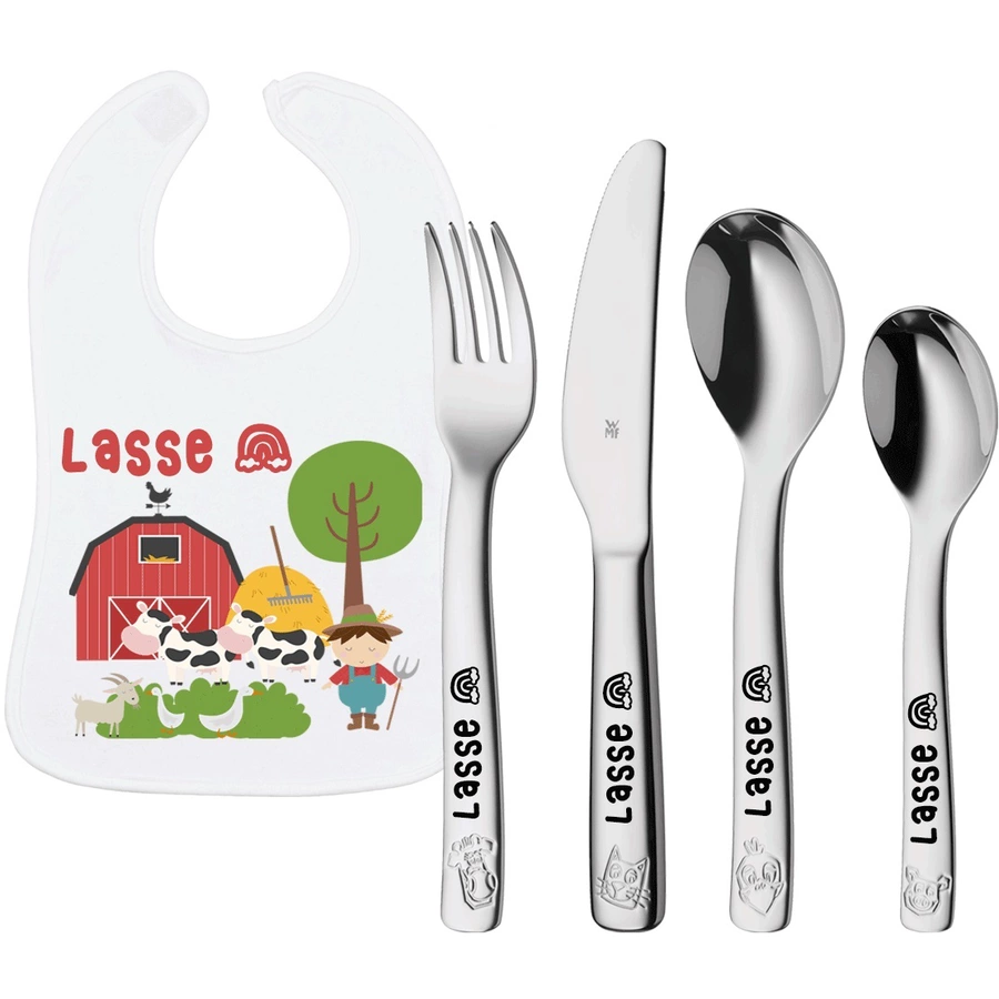 Schnullireich Geschenkset mit Namen WMF Kinderbesteck Farm + Baby Lätzchen Bauer Silber
