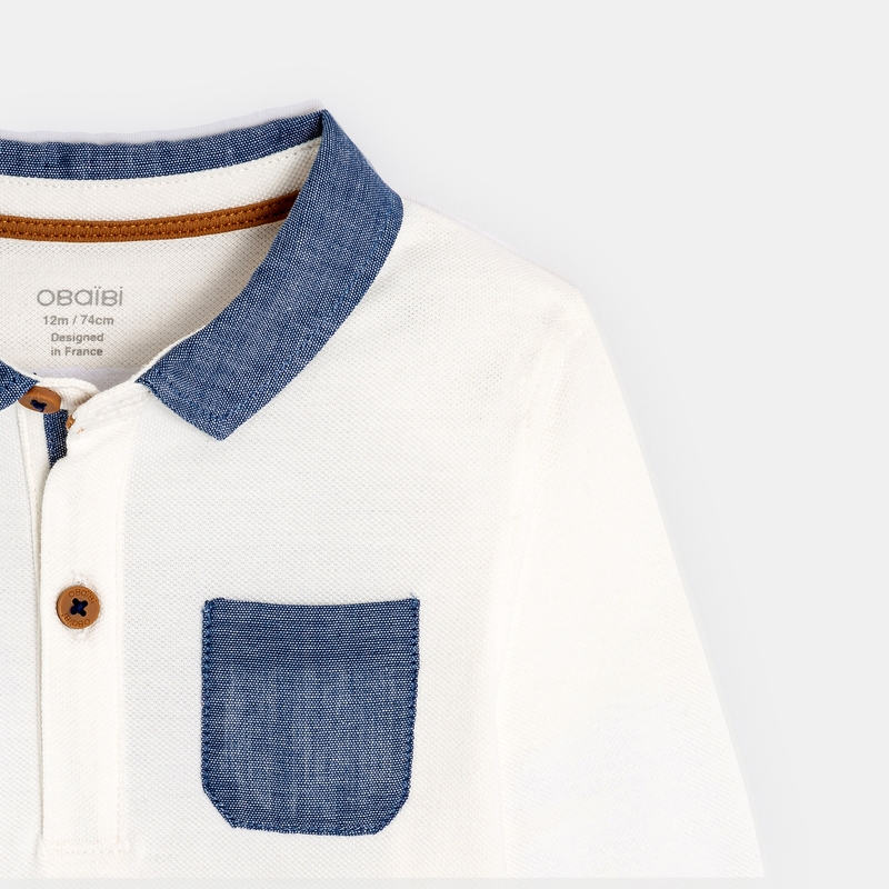 Polo maille piquée broderie chat blanc bébé garçon