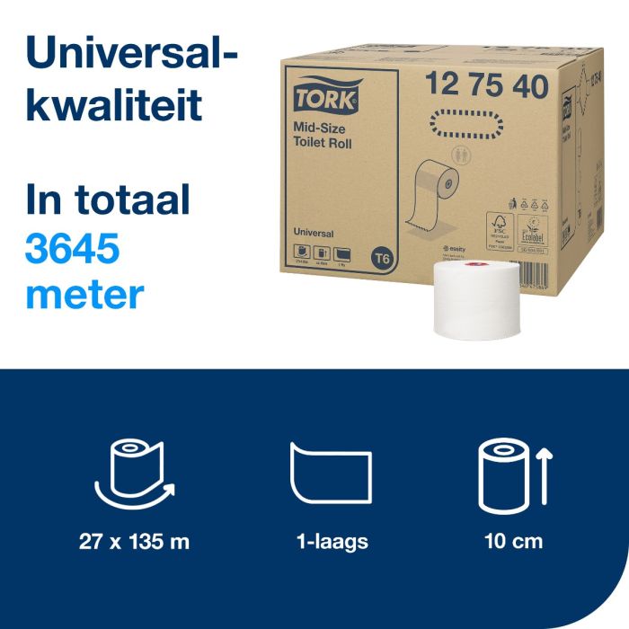 Toiletpapier 127540 Tork T6 Universal 1laags wit 135mtr x 10 cm ds a 27 rol (127540)