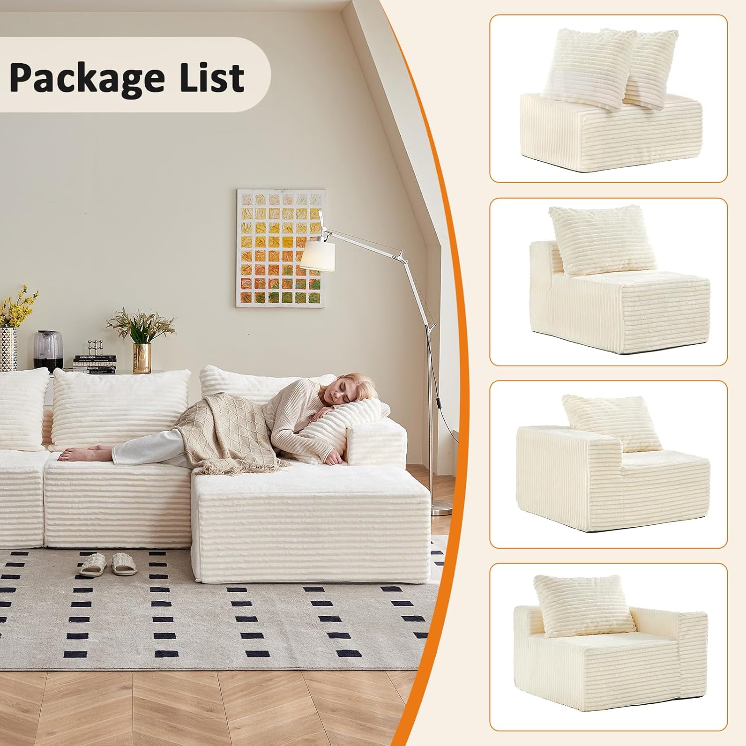 Vamcheer Ecksofa mit Schlaffunktion - Big Sofa Couch 3 Sitzer in L-Form, Modulares Boneless Schlafsofa als Wohnlandschaft, 274 x 102 cm, Beige