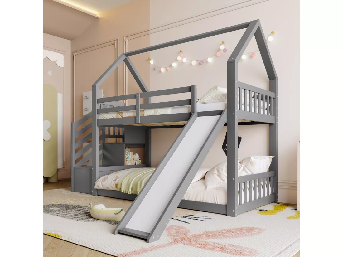 Lit superposé 90x200cm en bois - avec barrières + escalier de rangement + toboggan - Gris