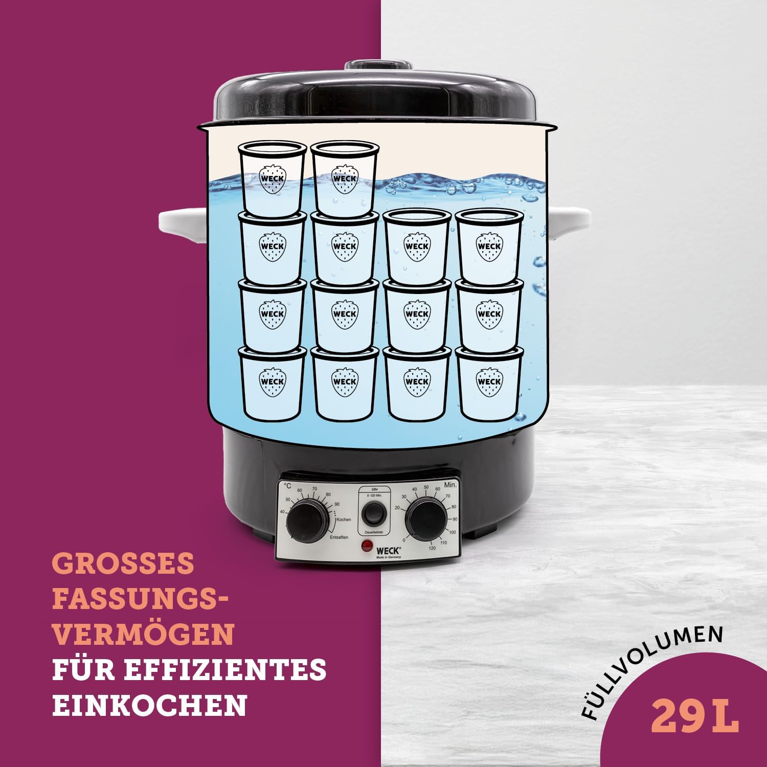 Weck Einkochautomat WAT15 Emaille mit Zeitschaltuhr & Präzisionsthermostat – 29L Einkochtopf, Glühweinkocher, Dampfentsafter, Einweckautomat – Edelstahl, Made in Germany, hochwertig & vielseitig