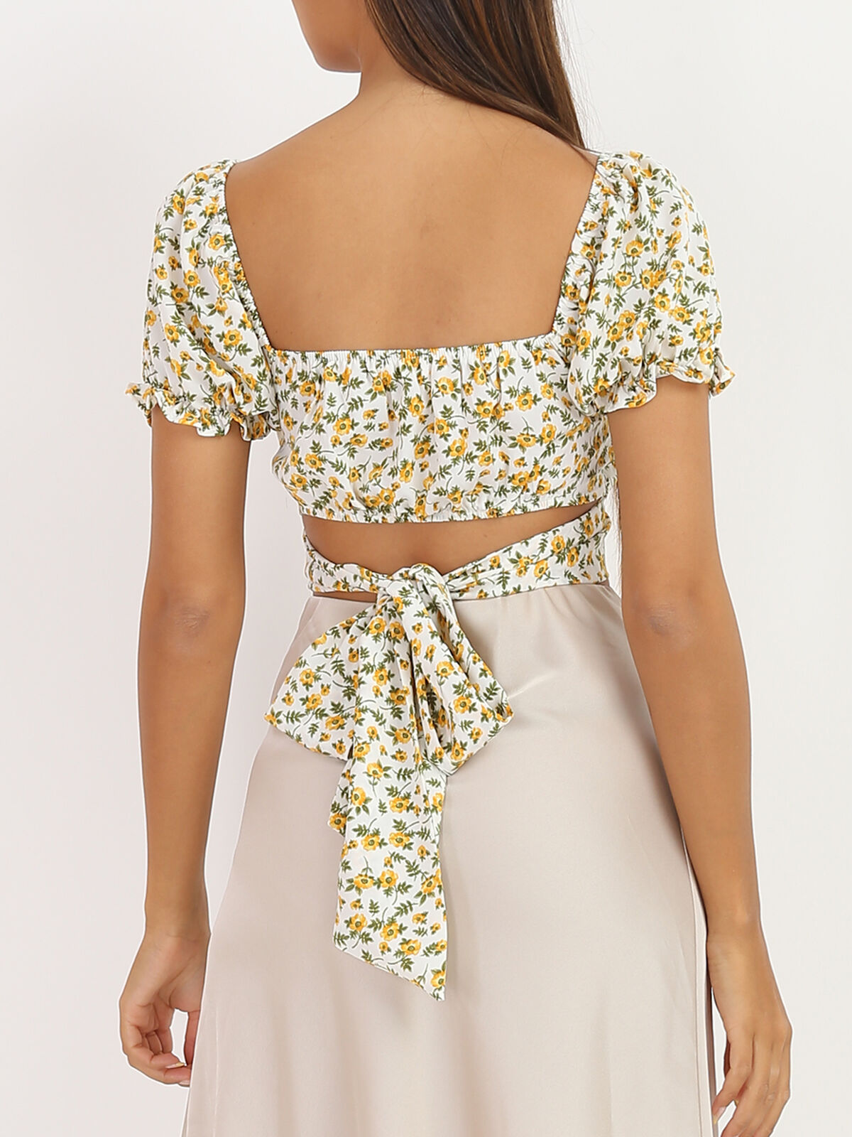 Crop top à fleurs et à nouer- Blanc
