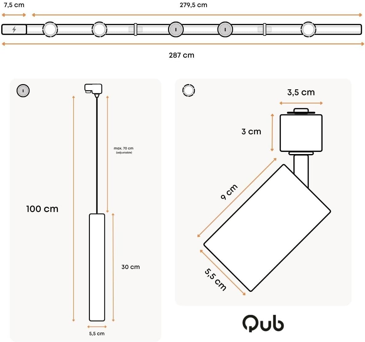 Qub Focus III 1-Phasen Led Schienensystem Komplettset - 300cm - Set 3 Spots und 2 Pendelleuchten - 3x 1m Schienen - I-Form - GU10 & LED-Kompatibel - Erweiterbar & flexibel - Spot lampe - Schwarz