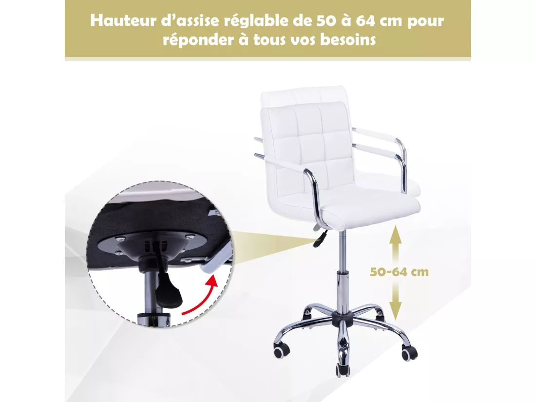 Chaise de bureau fauteuil manager pivotant hauteur réglable revêtement synthétique capitonné blanc