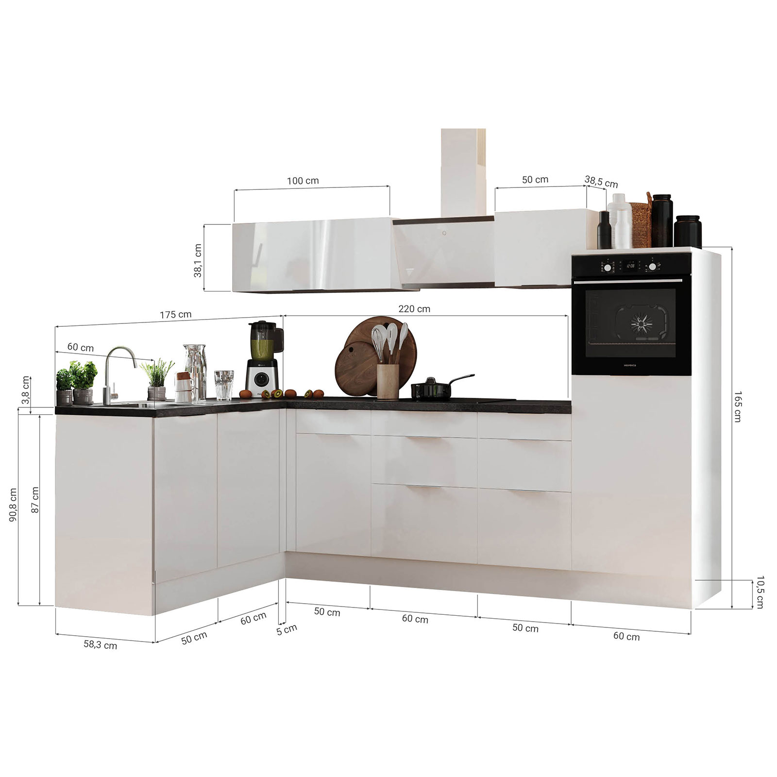 RESPEKTA Winkelküche - Artisan Eiche - weiß matt - mit E-Geräten - 280x175 cm