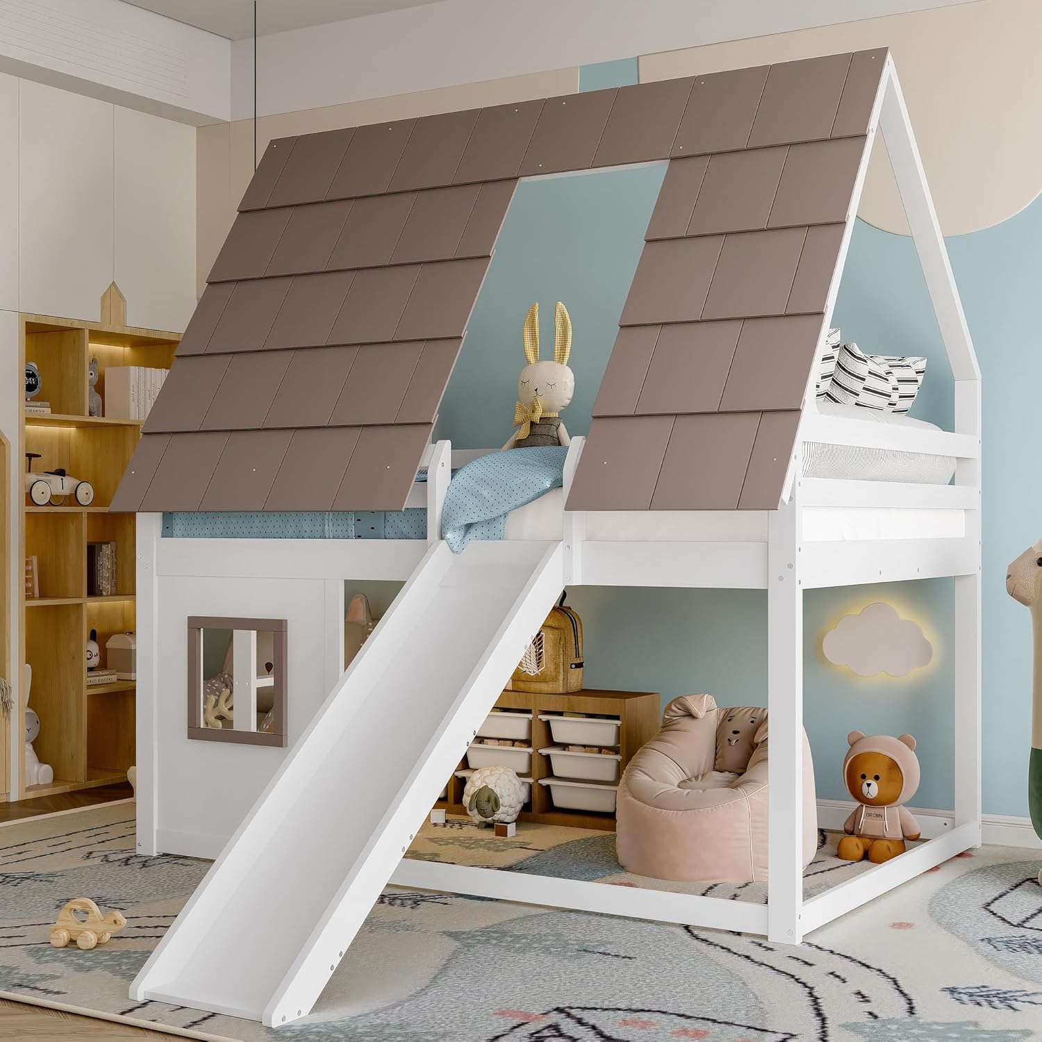 Kinderbett 140x200 cm, Etagenbett mit Dach, Leiter und Rutsche, Hausbett mit Rausfallschutz, Lattenrost aus Holz, MDF+Kiefer, Weiß+Braun, Ohne Matratze