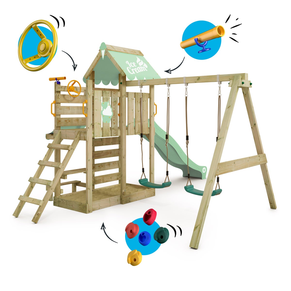 WICKEY VanillaFlyer Speeltoren Klimrek met Schommel en Glijbaan, Klimtoren met Zandbak, Ladder en Speelaccessoires – Pastelgroen